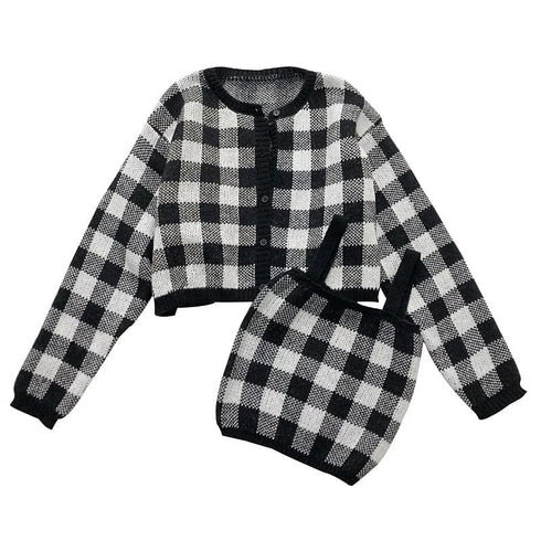 Fashion Versatile Contrast Checkered Knitted Two Piece Cardigan